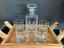 Load image into Gallery viewer, Decanter & set of 4 glasses. Custom engraved.
