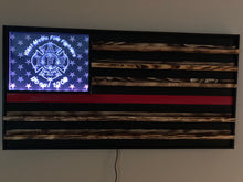 Load image into Gallery viewer, Wooden American Flag, Fire Fighter, Police, Military, Retirement, Coin Display, Thin Red Line, Thin Blue Line, LED