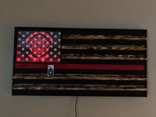 Load image into Gallery viewer, Wooden American Flag, Fire Fighter, Police, Military, Retirement, Coin Display, Thin Red Line, Thin Blue Line, LED