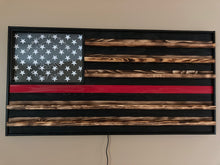 Load image into Gallery viewer, Wooden American Flag, Fire Fighter, Police, Military, Retirement, Coin Display, Thin Red Line, Thin Blue Line, LED
